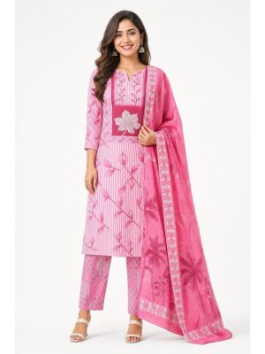 Women's Cotton Unstitched Dress Material , Stone Work -Pink