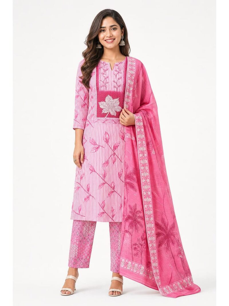 W-DM-503-01-PK Women's Cotton Unstitched Dress Material , Stone Work -Pink
