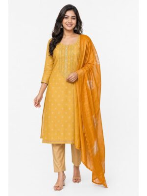 Women's Cotton Unstitched Dress Material , Embroidery Mirror Work - Mustard Yellow