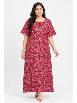 Women’s Cotton Plus-Size Zip Nighty -Red
