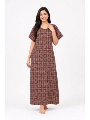 Women's Ajrakh Cotton Maxi Nighty - Maroon