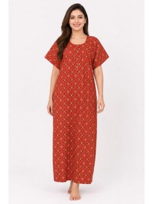 Women's Ajrakh Cotton Maxi Nighty - Red