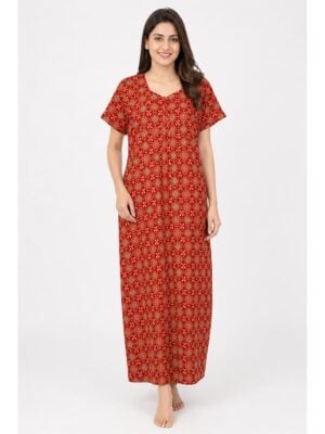 Women's Ajrakh Cotton Maxi Nighty - Red