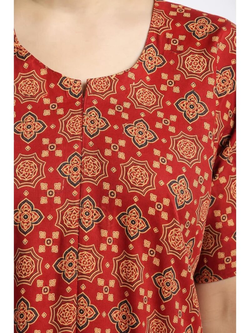 Women's Ajrakh Cotton Maxi Nighty - Red