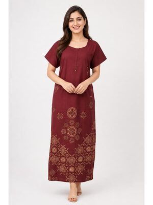 Women's Ajrakh Cotton Maxi Nighty - Maroon