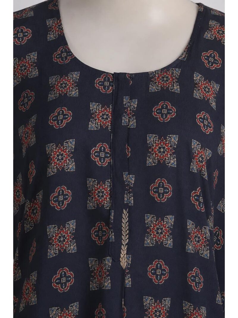 Women's Ajrakh Cotton Maxi Nighty - Navy Blue