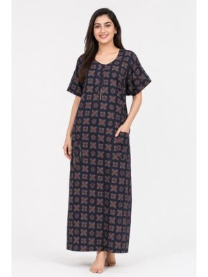 Women's Ajrakh Cotton Maxi Nighty - Navy Blue