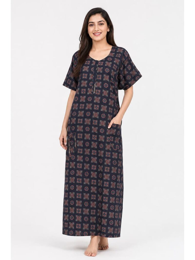 W-NY-487-08-NB-XXL_front Women's Ajrakh Cotton Maxi Nighty - Navy Blue