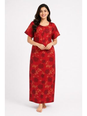 Women's Ajrakh Cotton Maxi Nighty - Red