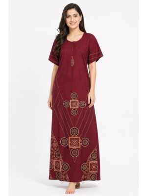 Women's Ajrakh Cotton Maxi Nighty - Maroon