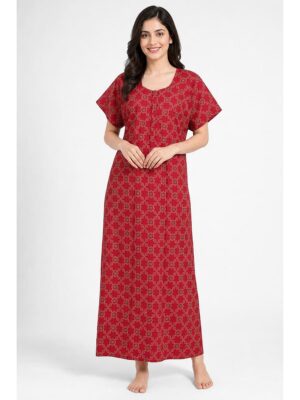 Women's Ajrakh Cotton Maxi Nighty - Red