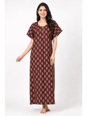 Women's Ajrakh Cotton Maxi Nighty - Maroon