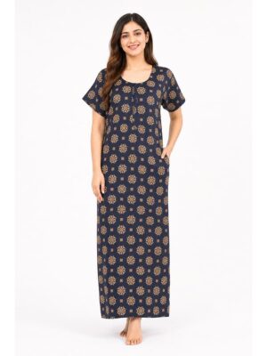 Women's Ajrakh Cotton Maxi Nighty - Navy Blue