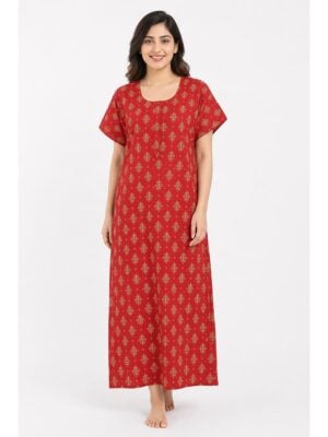 Women's Ajrakh Cotton Maxi Nighty - Red