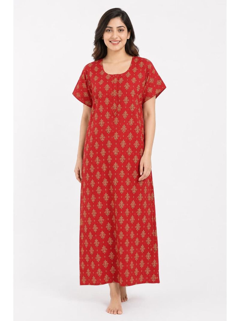 W-NY-487-14-RD-XXL-f_front Women's Ajrakh Cotton Maxi Nighty - Red