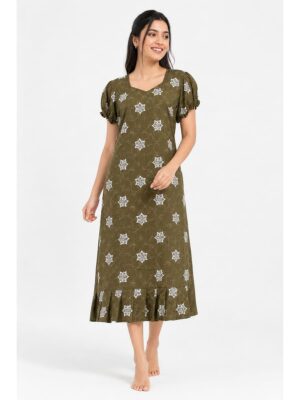 Women's Cotton Frock Nighty - Olive Green