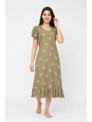 Women's Cotton Frock Nighty - Light Khaki