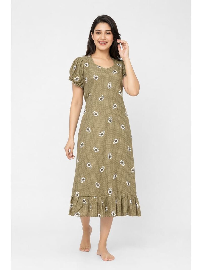 W-NY-490-03-LHK-L_front Women's Cotton Frock Nighty - Light Khaki