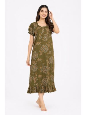 Women's Cotton Zip Frock Nighty - Olive Green