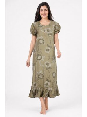 Women's Cotton Zip Frock Nighty - Light Khaki