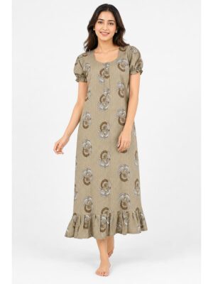 Women's Cotton Zip Frock Nighty - Light Khaki