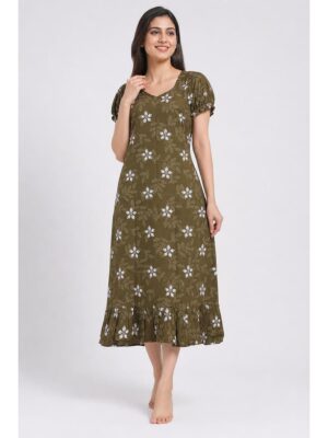 Women's Cotton Frock Nighty - Olive Green