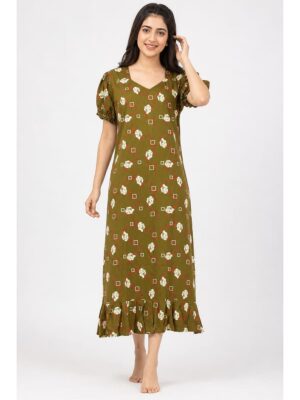 Women's Cotton Frock Nighty - Olive Green