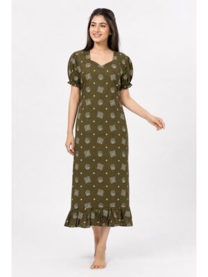 Women's Cotton Frock Nighty - Olive Green