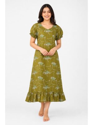 Women's Cotton Frock Nighty - Olive Green