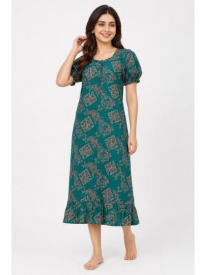 Women's Cotton Zip Frock Nighty - Forest Green