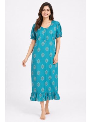 Women's Cotton Zip Frock Nighty - Blue