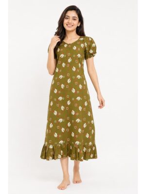 Women's Cotton Zip Frock Nighty - Olive Green