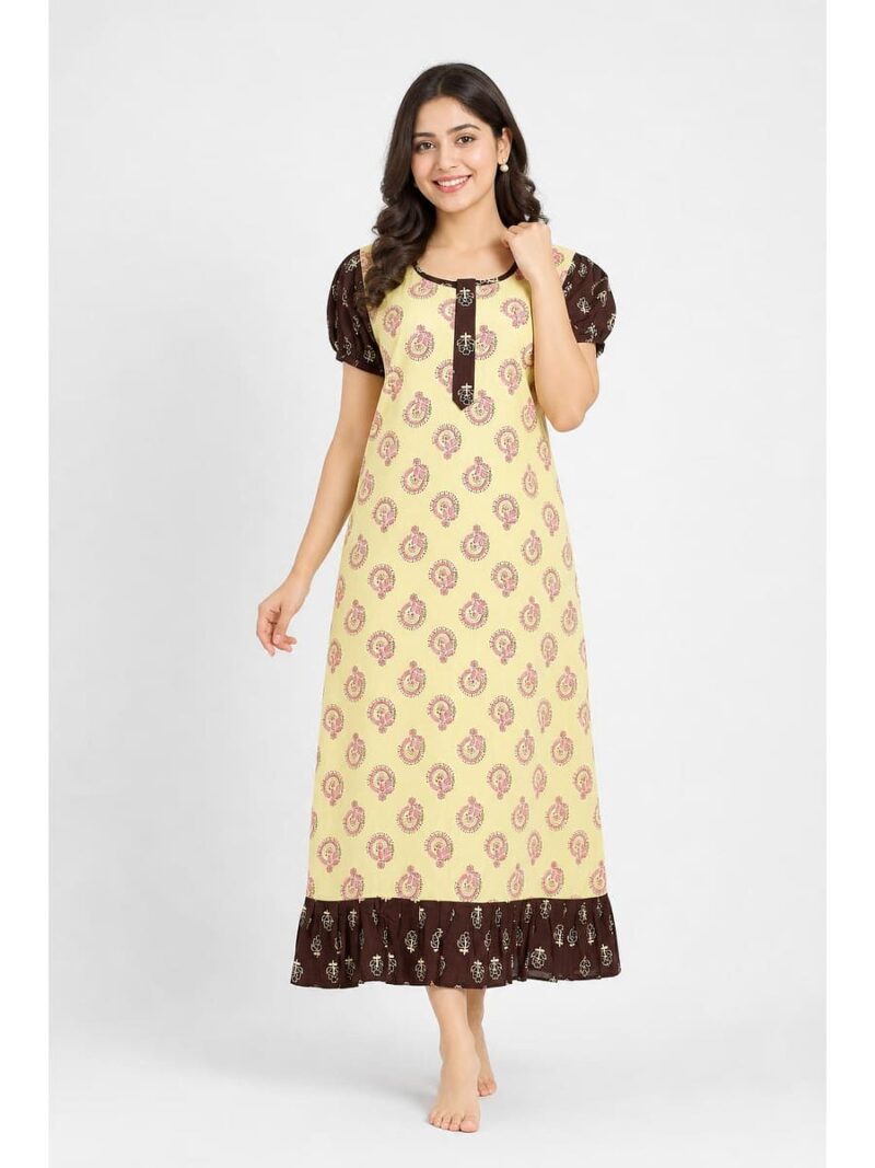 Women's Cotton Zip Frock Nighty - Yellow