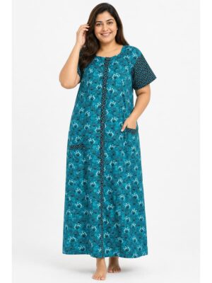 Women’s Front Full Open Cotton Nighty - Turquoise