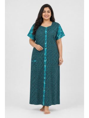 Women’s Front Full Open Cotton Nighty - Turquoise