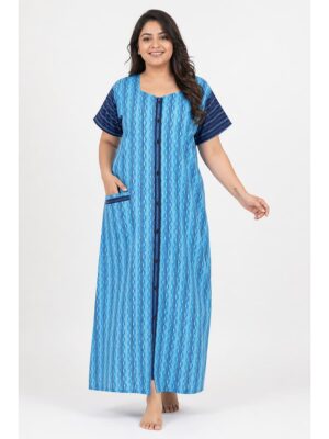 Women’s Front Full Open Cotton Nighty - Blue
