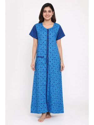 Women’s Front Full Open Cotton Nighty - Blue