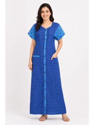Women’s Front Full Open Cotton Nighty - Royal Blue