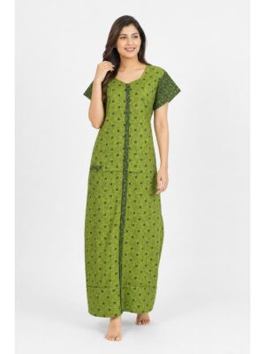 Women’s Front Full Open Cotton Nighty - Green