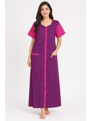 Women’s Front Full Open Cotton Nighty - Purple