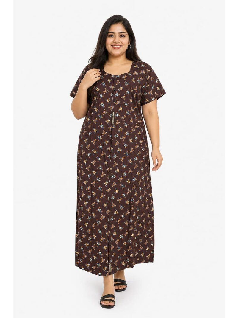 Women’s Front Full Open Cotton Nighty - Brown