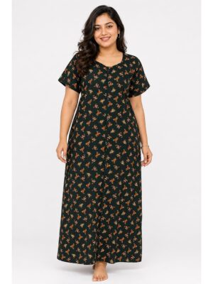 Women’s Front Full Open Cotton Nighty - Green