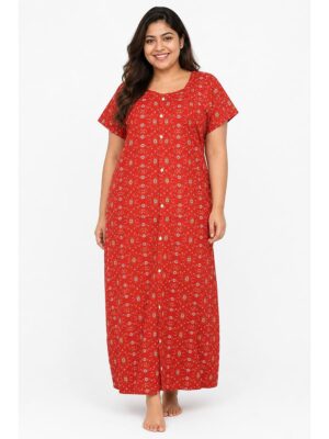 Women’s Front Full Open Cotton Nighty - Red