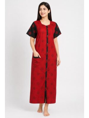 Women’s Front Full Open Cotton Nighty - Red