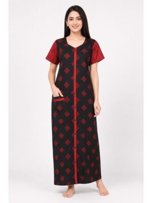 Women’s Front Full Open Cotton Nighty - Black