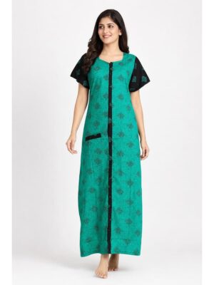 Women’s Front Full Open Cotton Nighty - Green