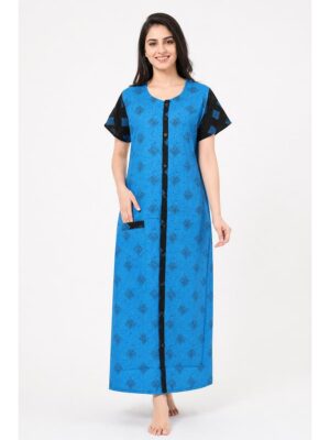 Women’s Front Full Open Cotton Nighty - Blue
