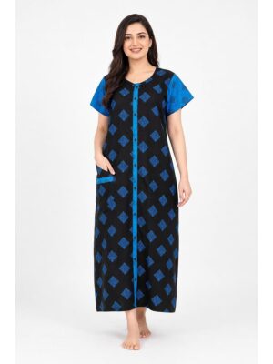 Women’s Front Full Open Cotton Nighty - Black