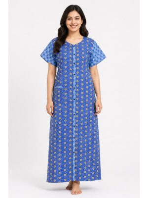 Women’s Front Full Open Cotton Nighty - Blue