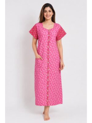 Women’s Front Full Open Cotton Nighty - Pink